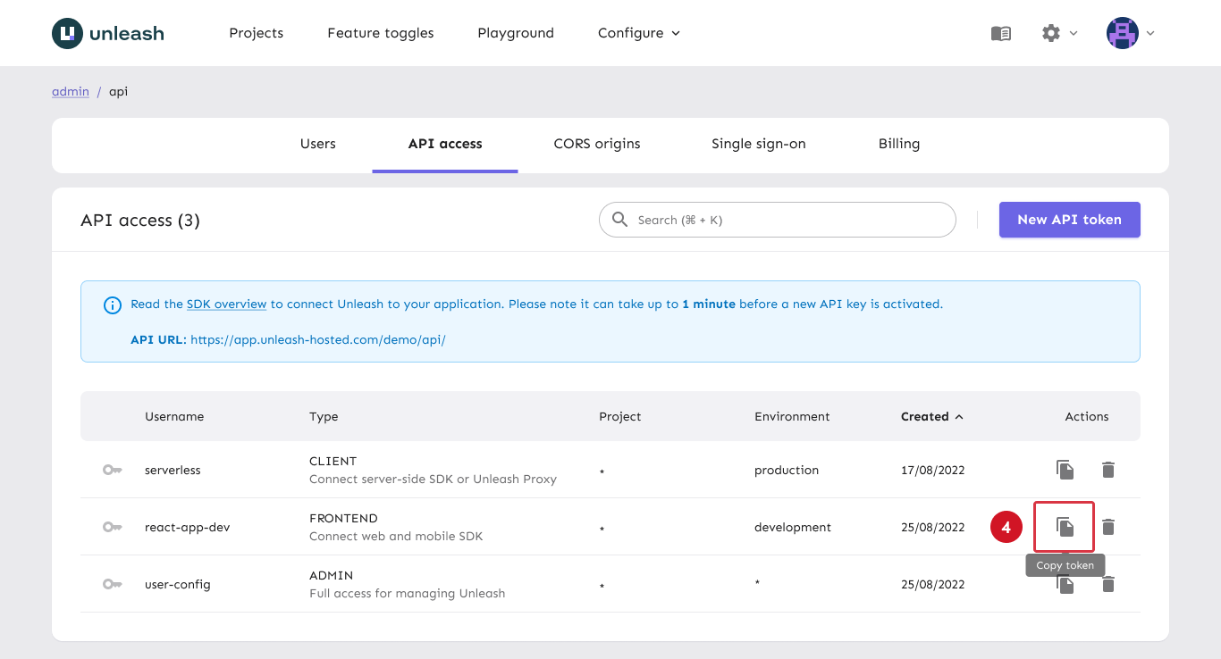 API access token table with a &quot;copy token&quot; button highlighted.